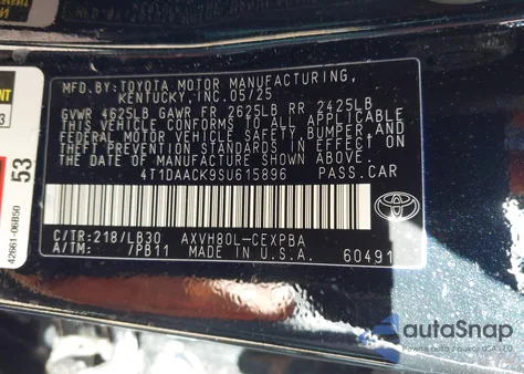 2025 Toyota Camry Xse z USA, uszkodzony, nr VIN 4T1DAACK9SU615896